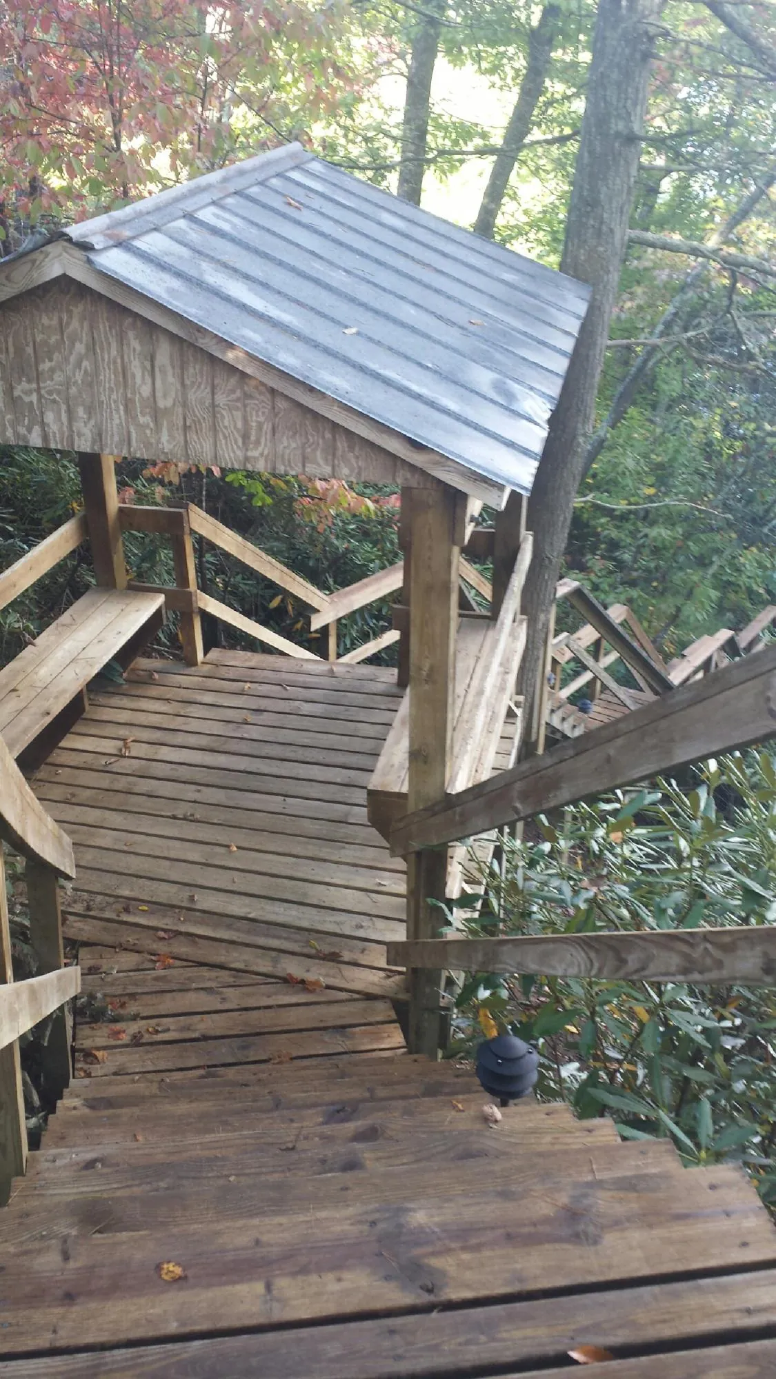 Metal roofed shelter over wooden steps on a wooded walkway — Skylight Repair & Installation work by our crew in Muenster